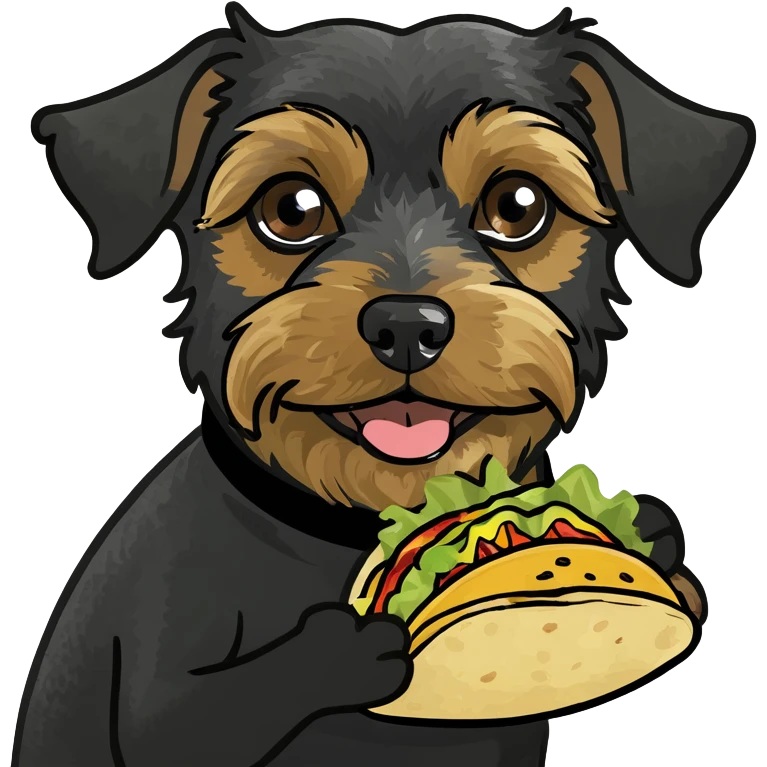 Create a  medium sized yorkiepoo dog with a black shirt on eating a taco emoji