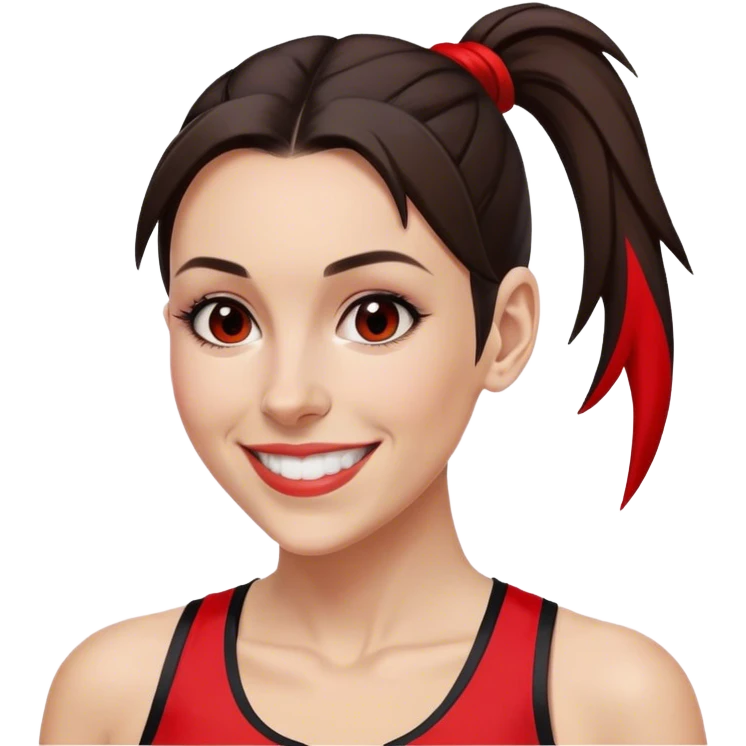 Melanie chisholm with a dark brown high ponytail with a red streak through it, wearing athletic attire and smiling emoji
