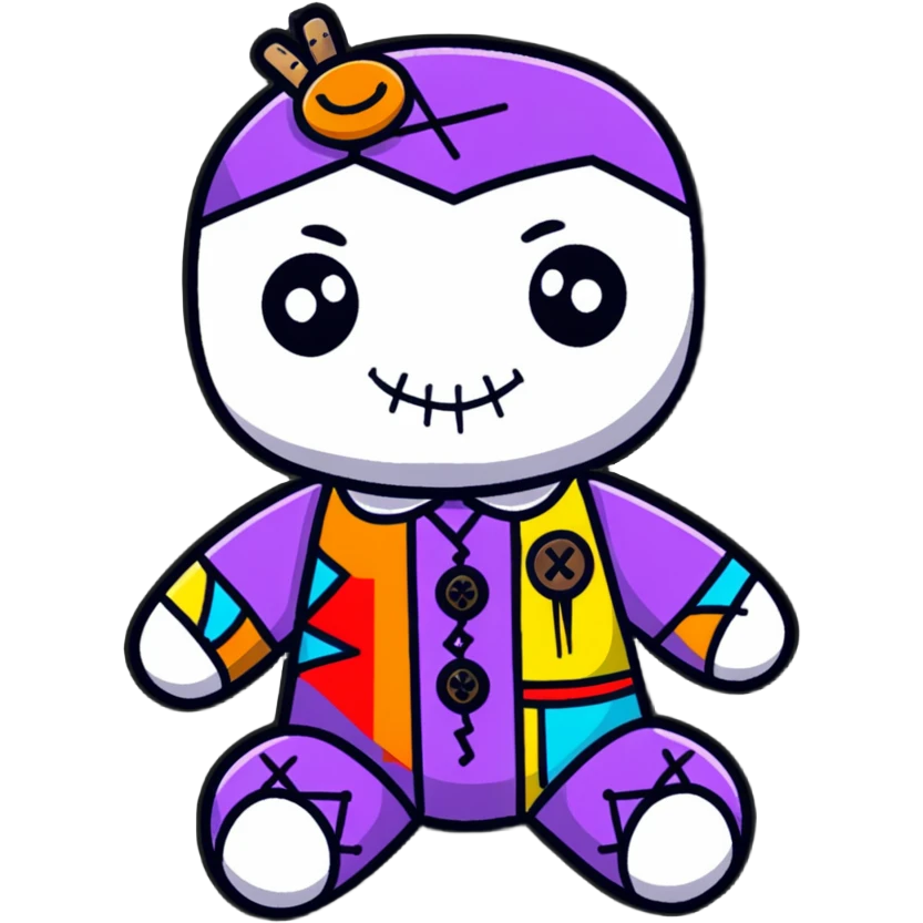 A colorful voodoo doll with patchwork fabric in bright colors, decorative buttons for eyes, and colorful pins sticking out of it emoji