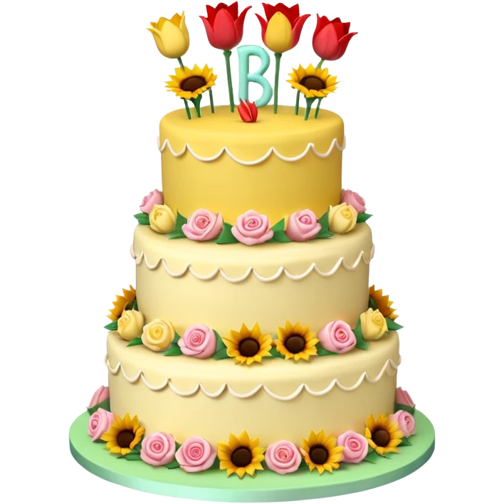 A large three teir cake with top layer decorated with roses, middle with Sunflowers and bottom layerwith Tulips and Happy Birthday Dear written on top. emoji
