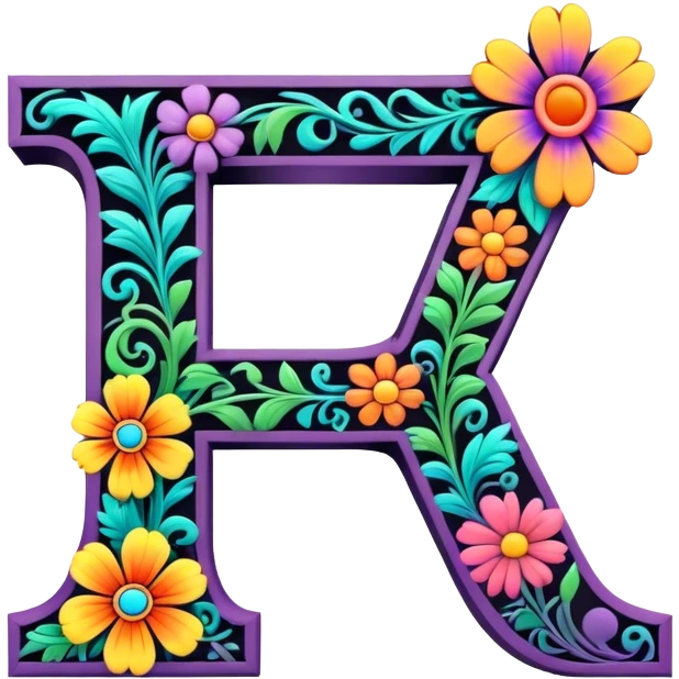 3D, gothic style psychedelic colored Letter T with hippie style flower border emoji