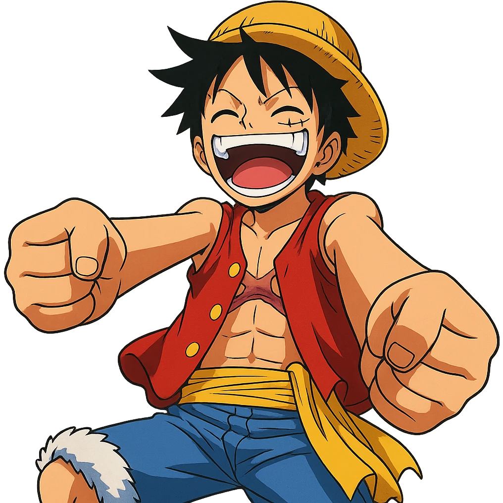 Luffy from One Piece laughing with his rubber arms stretched forward, colorful anime style emoji