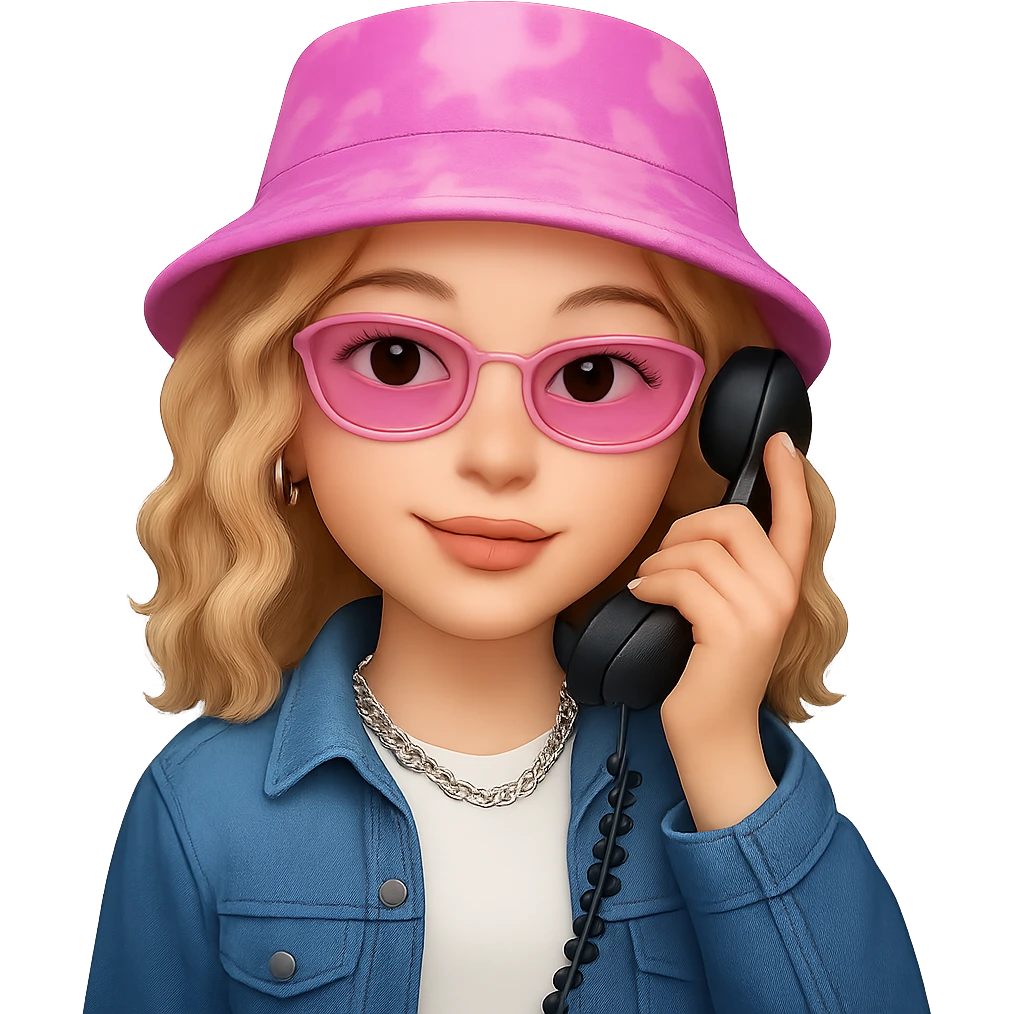 Make the girl look more Gen Z with trendy Gen Z fashion and accessories, light slightly curly hair, talking on the phone. Keep the emoji style look but use the general editing model. Remove the background. emoji