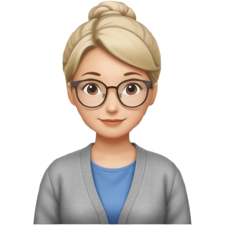 Librarian Style – neat bun, thin metal glasses, calm gentle smile.














































 emoji