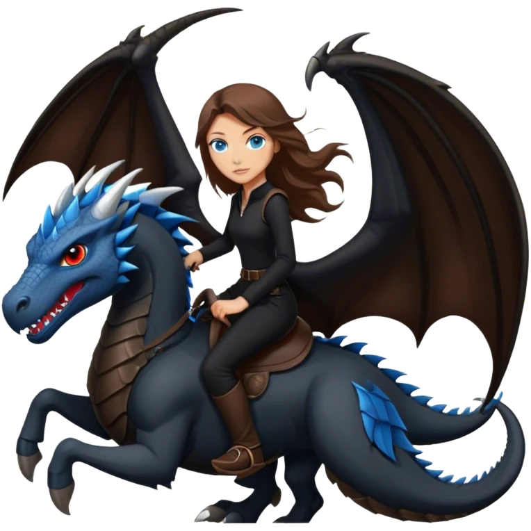 Me, a white female with long brown hair and blue eyes, wearing nothing but black clothes, and riding a VERY BLACK wyvern/dragon with HINTS of RED, to your work emoji