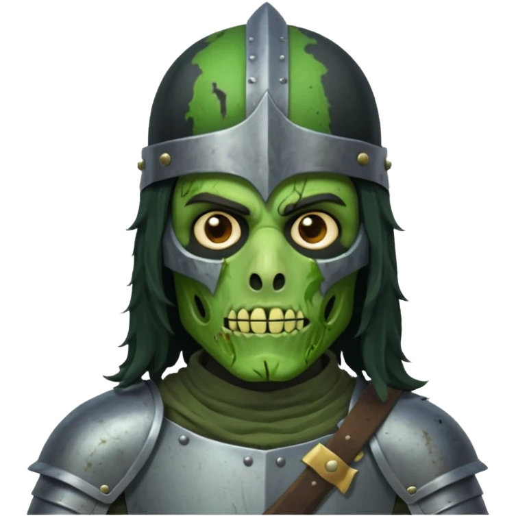 a male with long black rough hair wearing a knight helmet with green zombie skin emoji