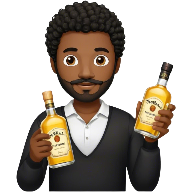 dark black guy, short black curly hair, short beard and mustache, holding tequila, black shirt  emoji