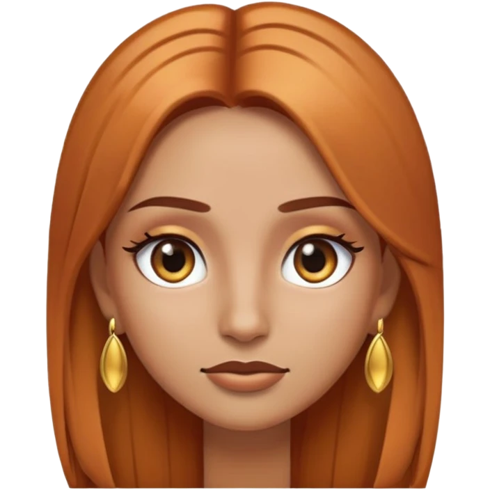 Emoji chica mestiza con cabello cobrizo lacio y largo, con pestañas largas, cejas pobladas, ojos negros, aretes dorados  emoji