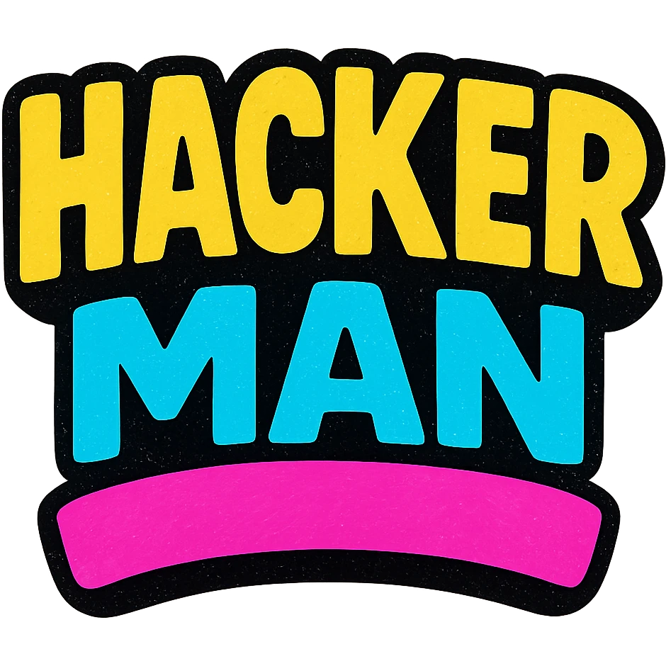 the phrase HACKER MAN as a bold, eye-catching logo or icon in vibrant pop colors style emoji