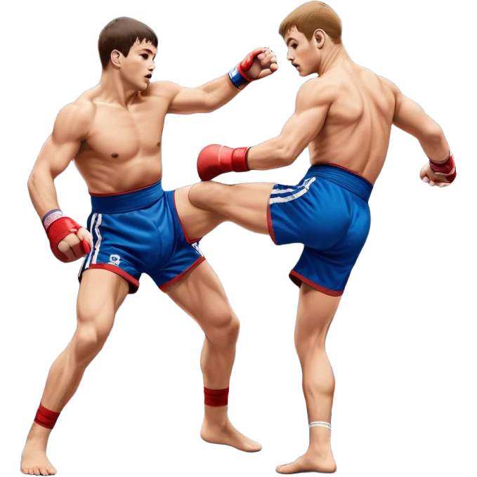 Two Sambo fighters in blue and red gis with shorts and wrestling shoes, executing gripping and throwing techniques. The fighters are engaged in a dynamic, action-packed moment with no strikes. The background features a wrestling mat, focusing on the technique and control. Transparent background  emoji
