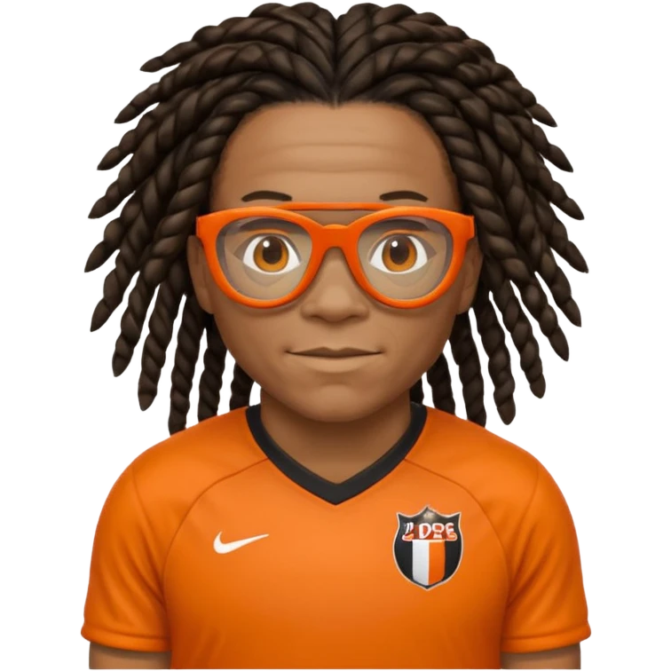 Edgar Davids as an apple style emoji, black tightly-braided dreadlocks pulled back, distinctive orange sports glasses, wearing an orange football jersey, iconic football look emoji