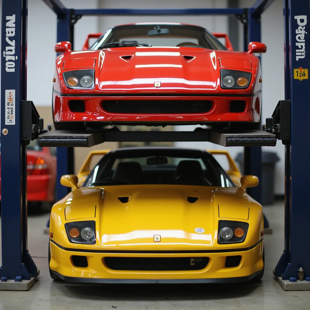 realistic front view of a Ferrari F40 on a car lift above a yellow Porsche GT3 RS, clean details, transparent background emoji