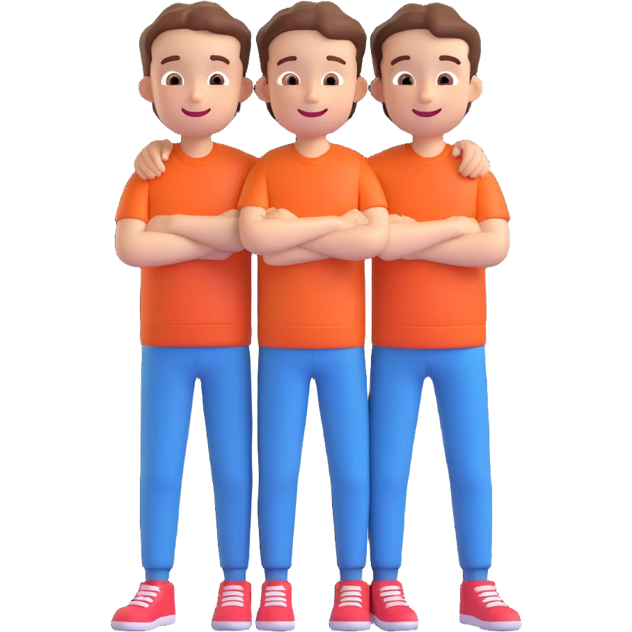 Two cartoon-style boys with similar features, arms around each other's shoulders, smiling, matching outfits, standing close, white background, emoji style emoji