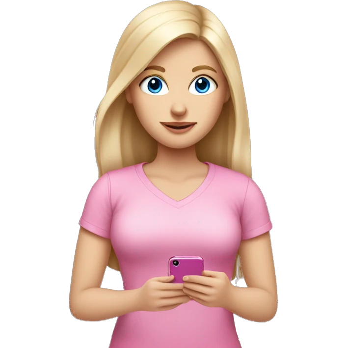 a blue eyed white dark blond hair girl wearing a pink shirt holding a pink iphone  emoji