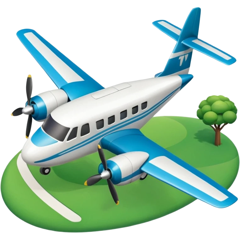 A 3D cartoon small twin-propeller airplane flying low over fields, gentle lighting, bright background, Memoji-style rendering. emoji