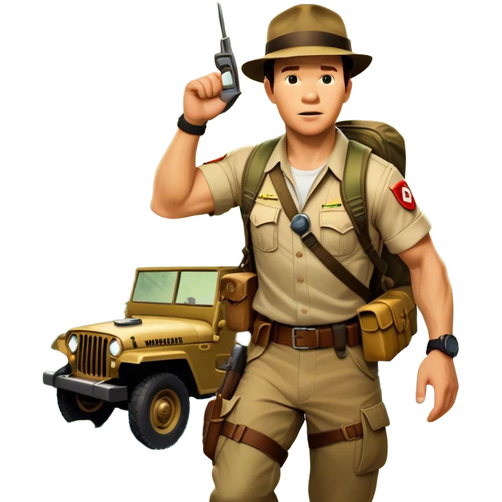 A vintage movie poster-style collage. Include action-packed elements like a treasure map, jungle scenes, a rugged explorer with a compass and a speeding jeep. Add a shadowy figure resembling close-up Mark Wahlberg in adventurous gear. Dramatic lighting, dynamic composition. Transparent background. emoji