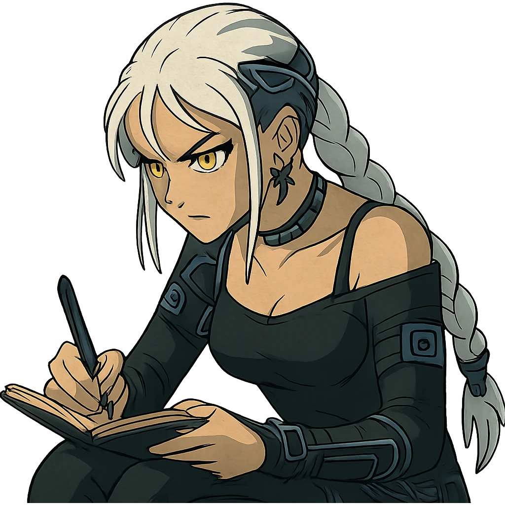  she is scribbling furiously in a notebook, a closeup portrait of young woman with gold yellow eyes, white hair, long braid, black off-shoulder top d-cup, punk gothic style, futuristic cyberwave cyberpunk, sitting position
 emoji