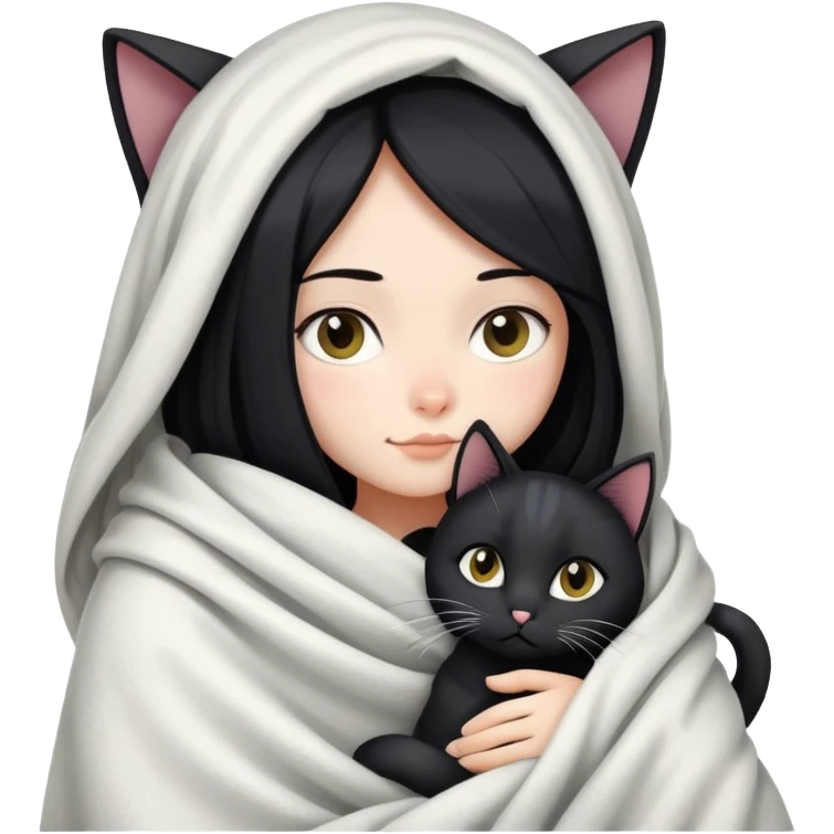 A girl with fair skin and long black hair wrapped in a blanket hugging a black and white cat emoji