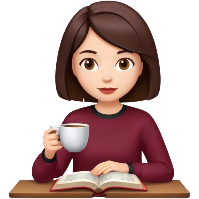 A brunette girl with a bob hairstyle, drinking coffee and reading a book Burgundy emoji