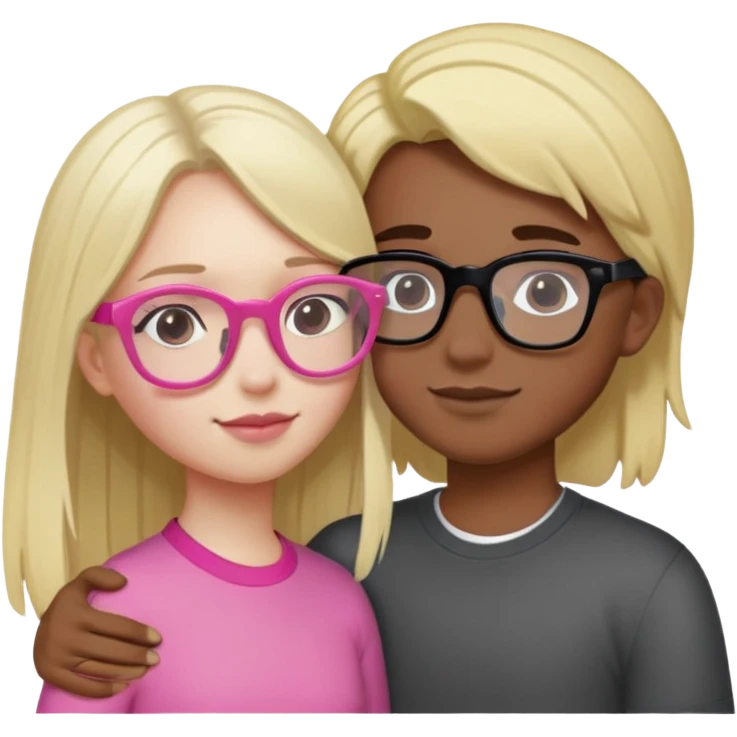 Girl with Dark Brown Hair, Pink glasses, And a mixed skin tone. Boy with white skin tone, Long Blonde Hair and black glasses. The two embrace each other  emoji