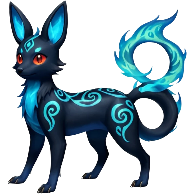 Shiny Fiery Dark Glowing Ethereal Eldritch Cool Edgy Badass Punky Aural Iridescent Fluorescent Bioluminescent Umbreon-Amaura-Salandit-Litten-Flareon-Fakémon-fusion (full body) with intricate pattern markings emoji