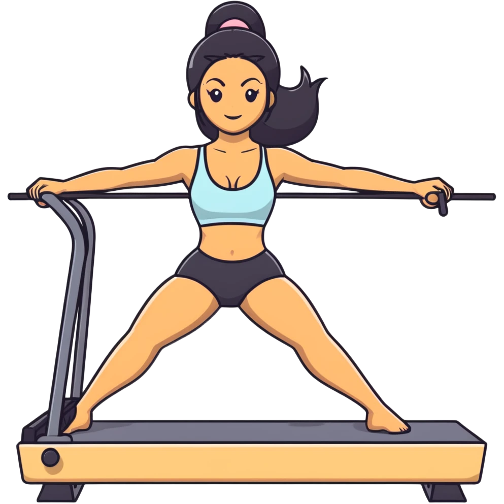 woman with bra, tanned long black hair, doing Pilates reformer emoji