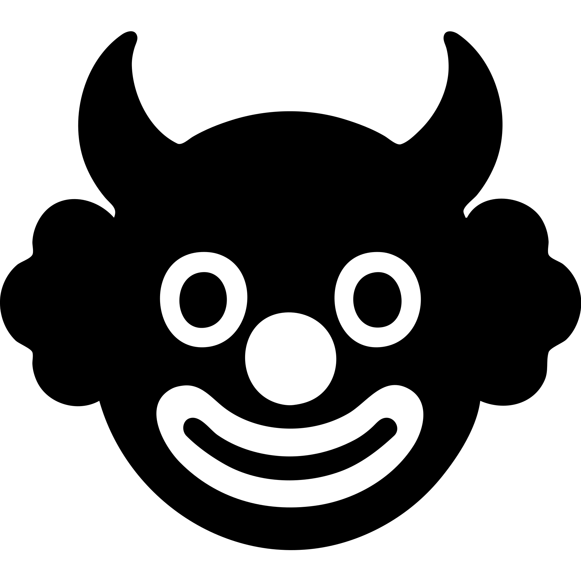 black-filled icon with devil horns and red clown nose at center, symbolizing a group of horned clown characters emoji