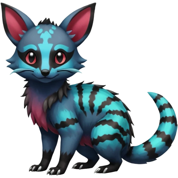 Rare beautiful pretty realistic handsome exotic cute epic aesthetic gothic colorful Salandit-Eevee-Civet-species-Fakemon-hybrid-creature, with markings, full body emoji