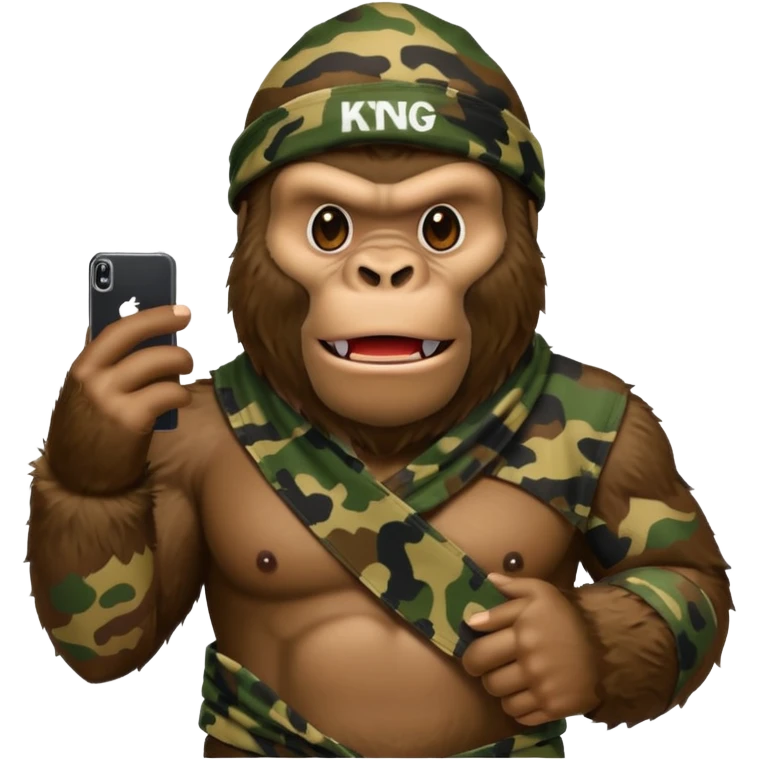 King Kong with a cell phone emojie wearing a camouflage bandana emoji