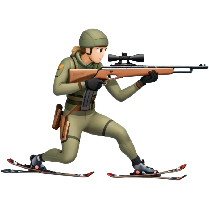 An icon showing a snowy landscape with pine trees, mountains, and a clear sky with a biathlete aiming a rifle in the foreground, wearing winter gear and skis. Transparent background emphasizes the precision, endurance, and beauty of this winter sport. emoji