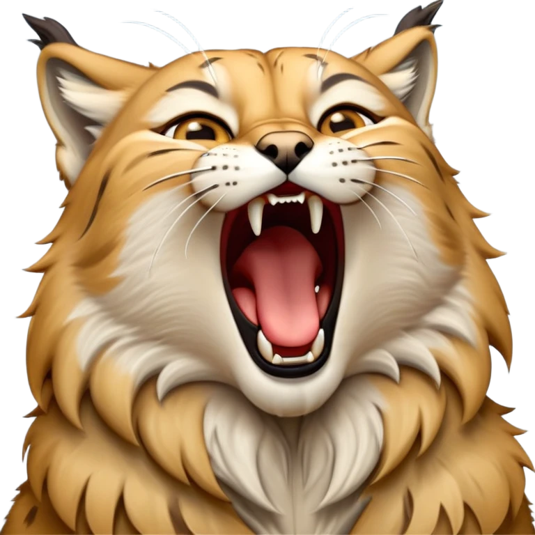 Cinematic-detailed-Yawning-Lynx-Portrait-Emoji – Head tilted slightly with a dramatic, wide-open yawn, revealing a sleek golden-brown fur coat with subtle spots, signature black ear tufts standing tall, round amber eyes barely open in drowsy contentment zoomed out to show the shoulders emoji