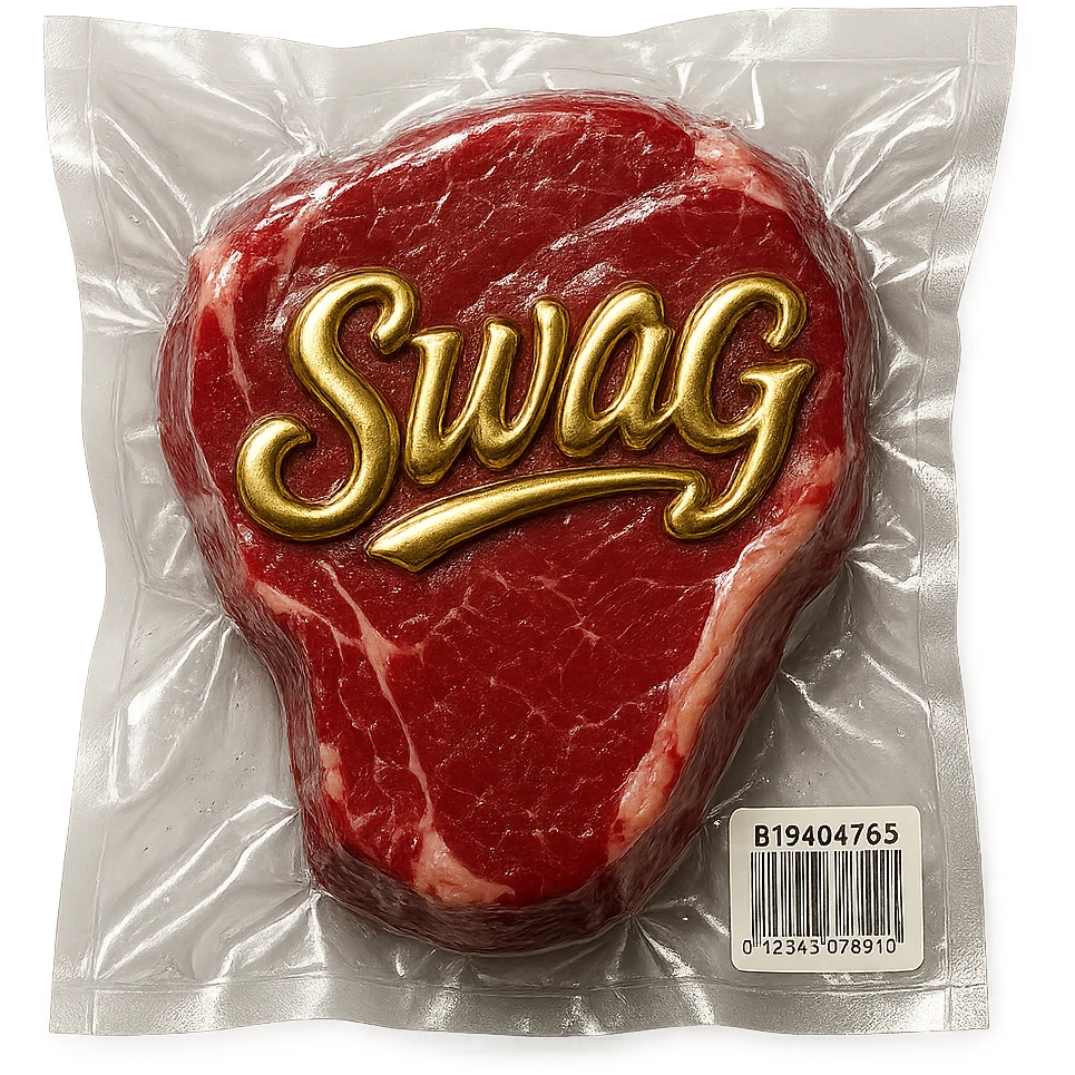 steak with gold cursive 'SWAG' lettering, shiny and inflated emoji
