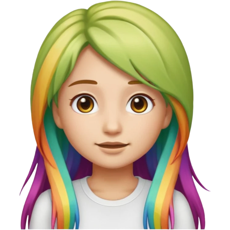 girl emoji with long rainbow hair, she's wearing a white top and has light olive skin  emoji