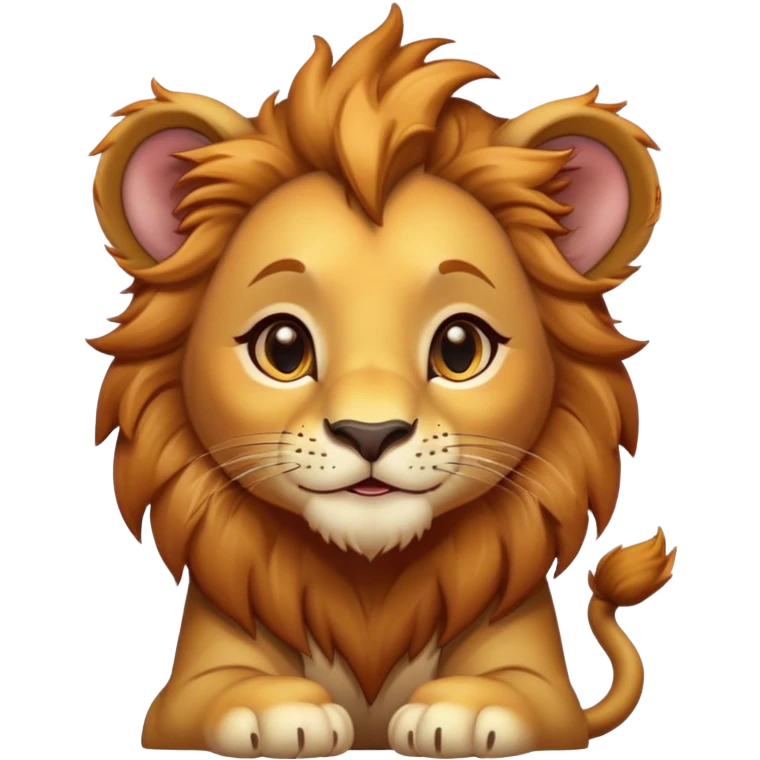 Cinematic Cute Lion Cub Portrait Emoji, Head tilted playfully and inquisitively, featuring a glossy tawny Fur with a lush mane and round, sparkling amber eyes filled with curious mischief, Simplified yet irresistibly adorable features, highly detailed, glowing with a warm, friendly glow, high shine, affectionate and spirited, stylized with a touch of jungle whimsy, bright and endearing, soft glowing outline, capturing the essence of a mischievous yet loving Lion Cub, so playful it feels like it could pounce out of the screen and into your arms! emoji