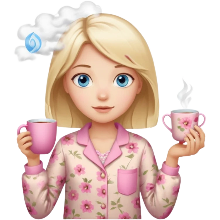 Blue eyed girl with middle length blond hair in floral beige pijamas is holding a pink cup of tea emoji