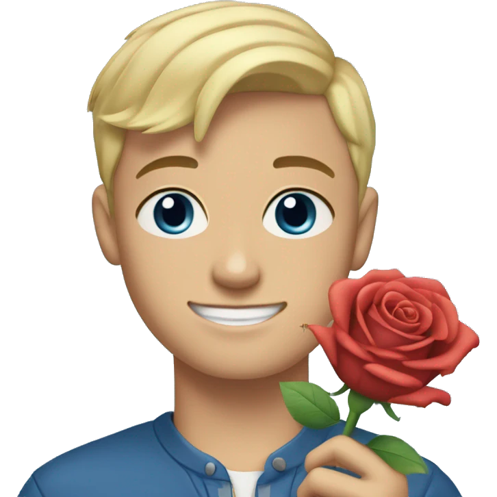 blonde-haired 18-year-old boy, buzz cut hair, blue eyes, blue top, blue background, holding a rose  emoji