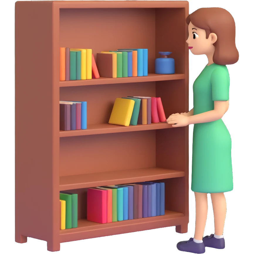 a woman looking at a small bookcase emoji