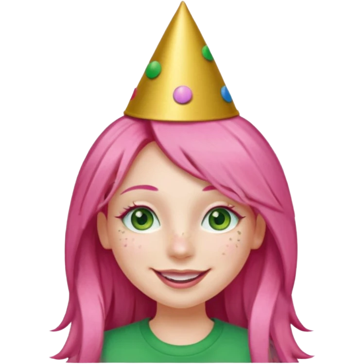 Create a girl with long pink hair and green eyes with long eyelashes and a smiley face. She has freckles in her face and a lit of bit of pink lipstick on her mouth, she’s also got gold birthday party hat on her head with gold pom poms on top of it, and her T-shirt is all red emoji