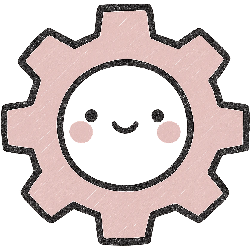 Create a soft and cute settings icon in Japanese hand-drawn style with pink color. Match the design and line style of the provided phone icon reference. The icon should have a transparent background and be suitable for a mobile home screen. emoji