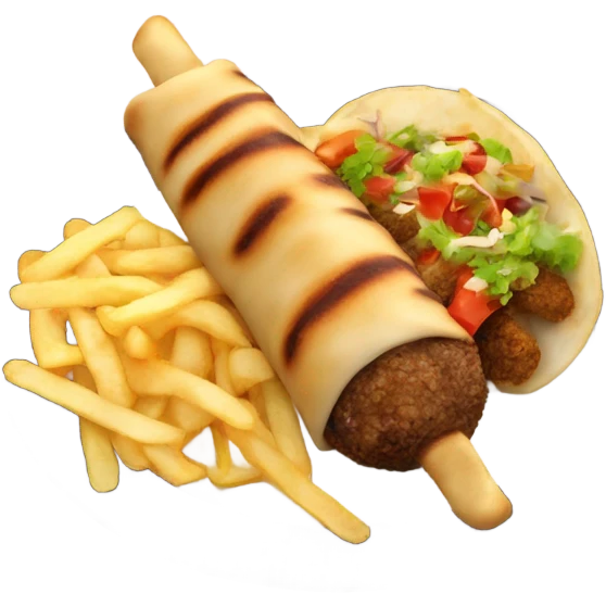 Kebab with chips and sauce on at plate emoji