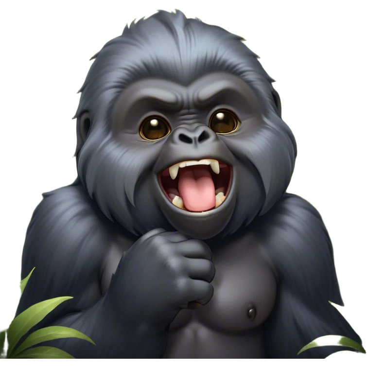 Cinematic Cute Yawning mountain Gorilla Portrait Emoji, Head tilted slightly with a dramatic, wide-open yawn, showcasing a formidable build with a silvery mane and drowsy, half-closed eyes, Simplified yet irresistibly adorable features, highly detailed, glowing with a soft, cozy jungle glow, high shine, relaxed yet expressive, stylized with a dash of whimsical primate charm, soft glowing outline, capturing the essence of a drowsy yet affectionate guardian that appears ready to stretch out for a nap! emoji