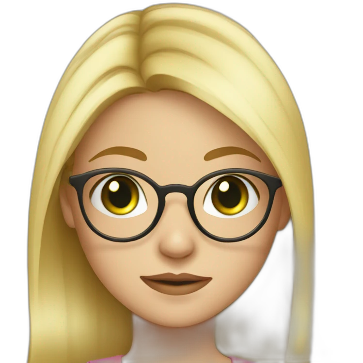 young blonde girl with glasses, round face, picky nose, green eyes emoji