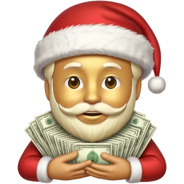 A confident rich emoji face wearing a Santa hat, money stacks, casino vibe, New Year theme, premium 3D emoji style, sharp details, no text, isolated on transparent background emoji