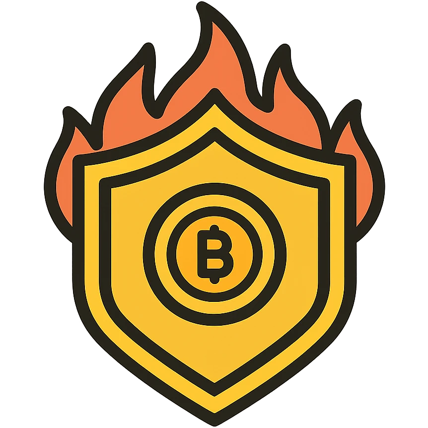 golden shield with a coin or NFT at the center, protected by flames, colorful icon with black outlines emoji