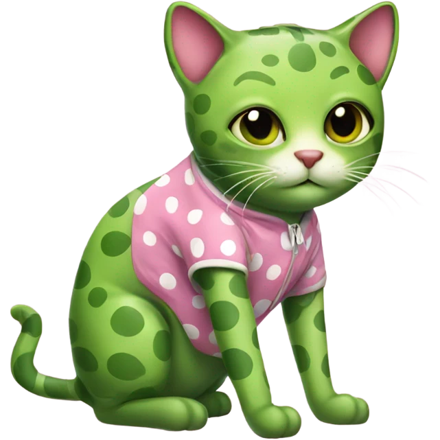 Green cat wearing a pink polka dot frog onesie  emoji