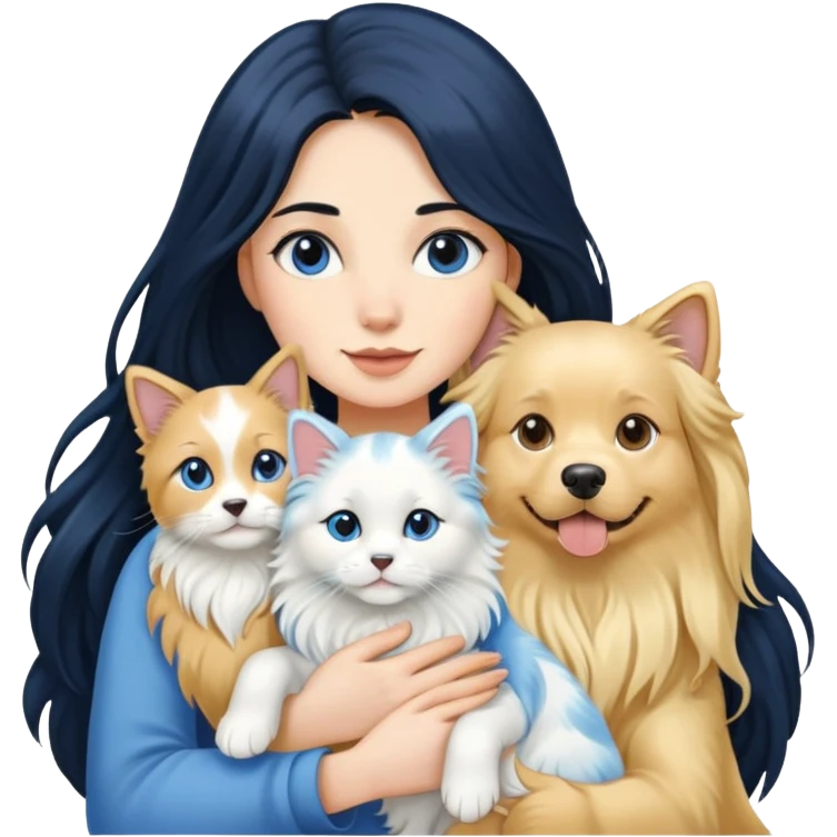 Woman with long black hair holding a blue and white long-haired cat and a golden retriever dog emoji
