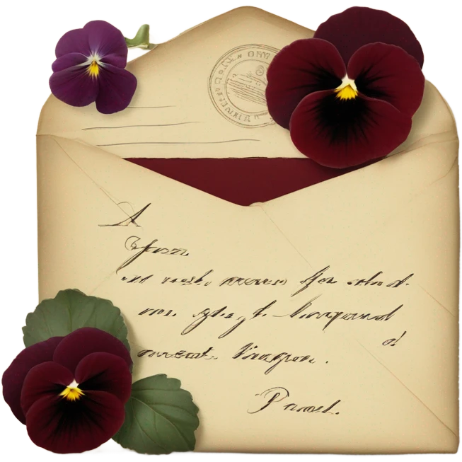 A vintage love letter with deep red pansies and a burgundy wax-sealed envelope
 emoji