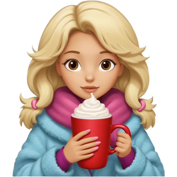 Tanned Girl with lashes , blonde hair, in an extremely big fluffy oversized coat and hold hot chocolate drink emoji
