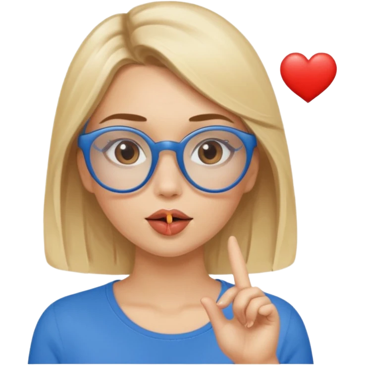 Asthectic Blonde women with brown eyes, blue glasses, waering a brown top, blowing a kiss with a small heart around her. emoji
