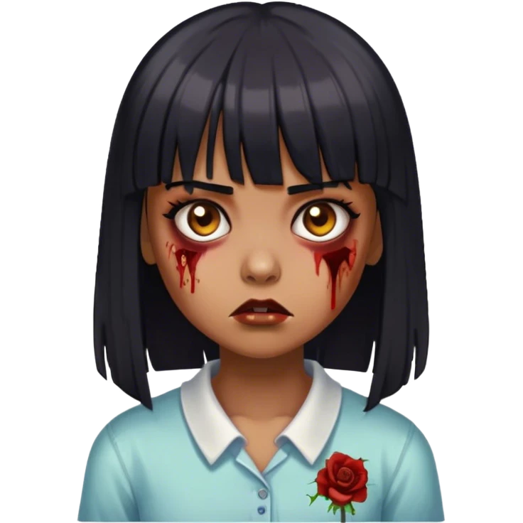 Garota zumbi com cabelos pretos lisos com franja (tipo esse emoji 🧟‍♀️) com olhos castanhos escuros  emoji